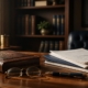 A leather ledger, reading glasses, fountain pen, and financial documents on a walnut desk