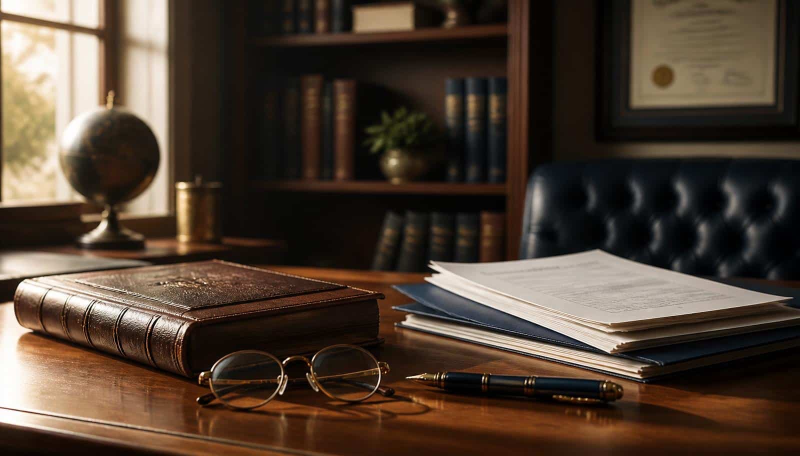A leather ledger, reading glasses, fountain pen, and financial documents on a walnut desk